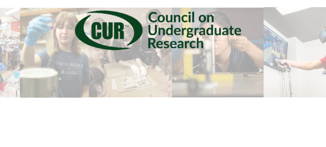 A collage of photos of student working in research behind the logo of the Council on Undergraduate Research
