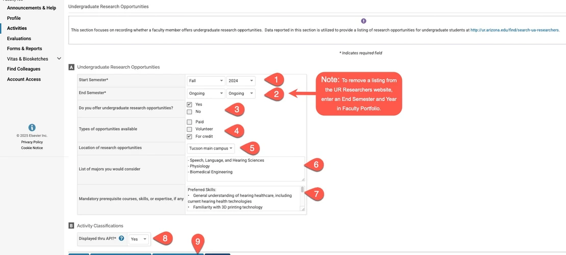 Screenshot of Faculty Portfolio page to update undergraduate research opportunities, with annotations for the nine questions/buttons to click, as described in the text, to update/enter an opportunity.
