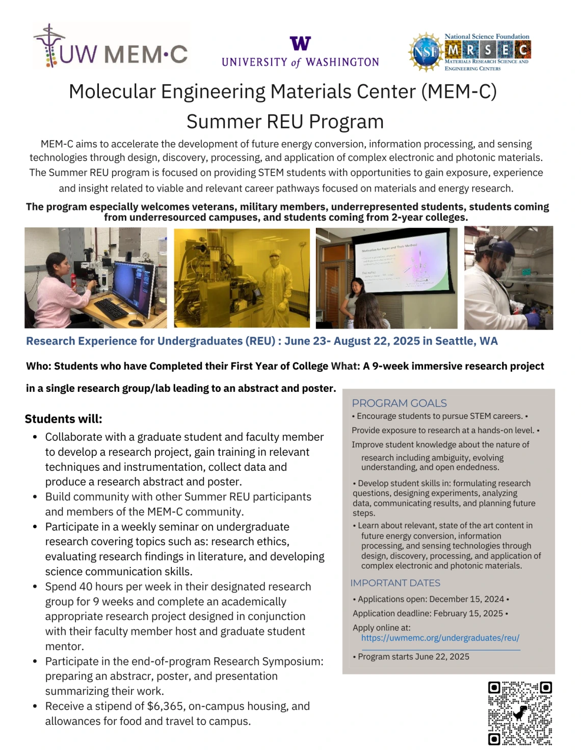 Molecular Engineering Materials Center Summer Research Experience for Undergraduates Program June 23 to August 2025 in Seattle Washington