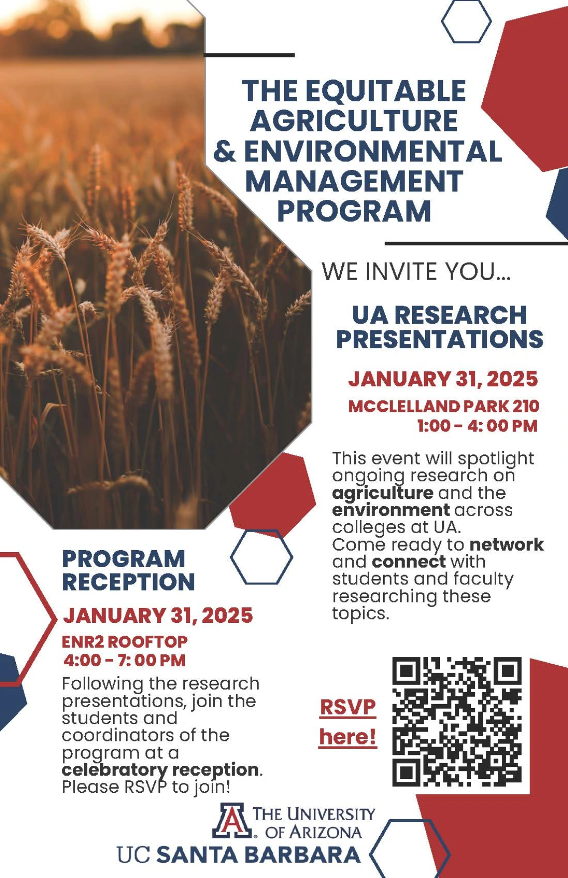 Flyer sharing that UA Research Presentations will be on January 31, 2025 from 1 to 4 pm at McClelland Park 210, and a Reception will take place on January 31 on the ENR2 Rooftop from 4 to 7 pm. RSVP at https://arec.arizona.edu/ua-ucsb-reception-spring-2025