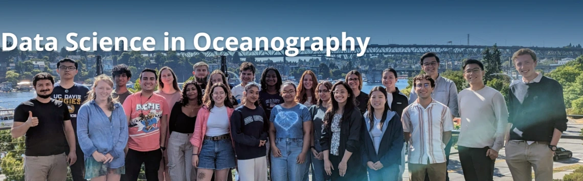 A group of smiling students stands in front of a natural waterway with a bridge and blue sky spanning the background behind them. The image reads "Data Science in Oceanography"