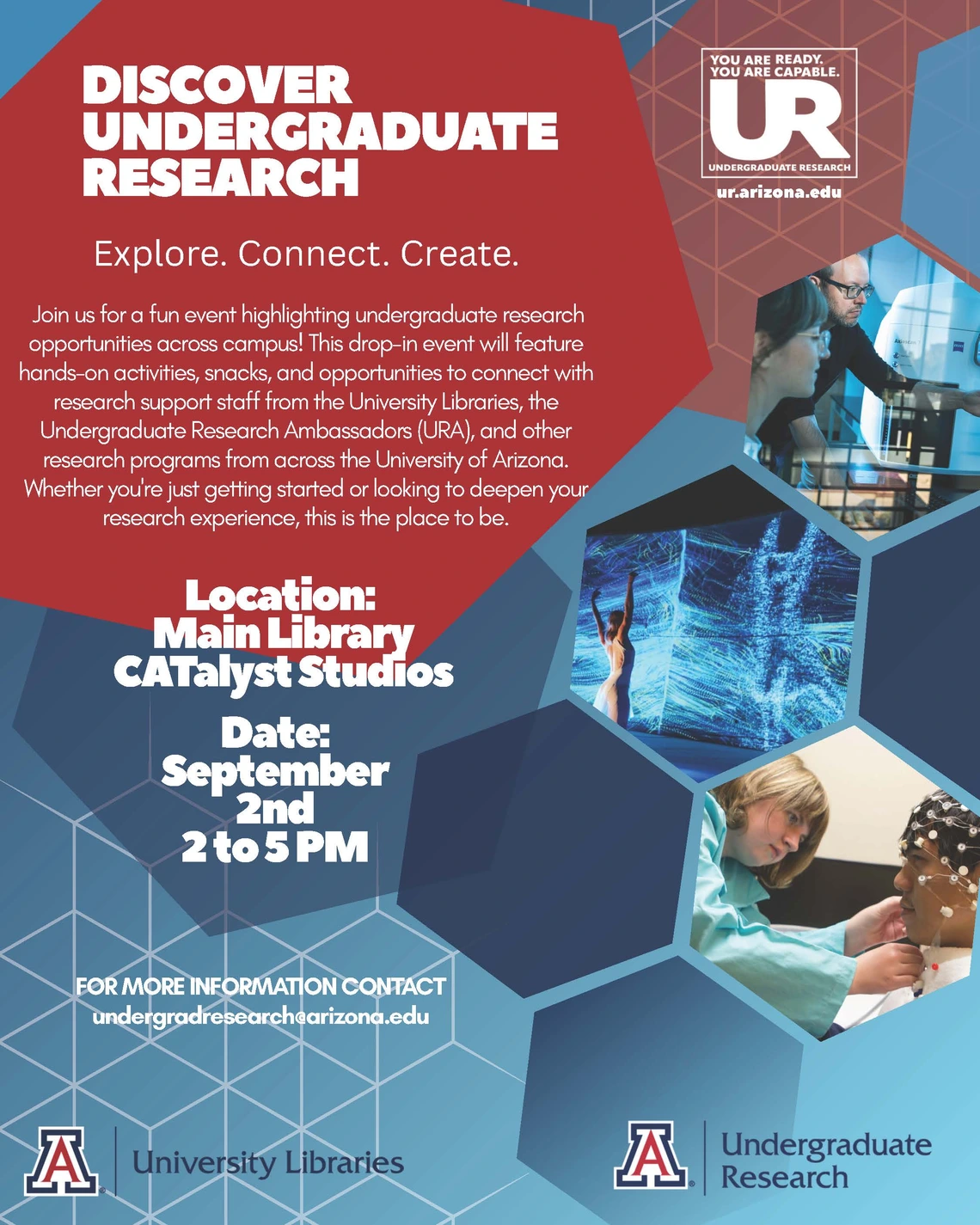 Flyer announcing the Discover Undergraduate Research Event with photos of students working in brain research, optics, and dance.