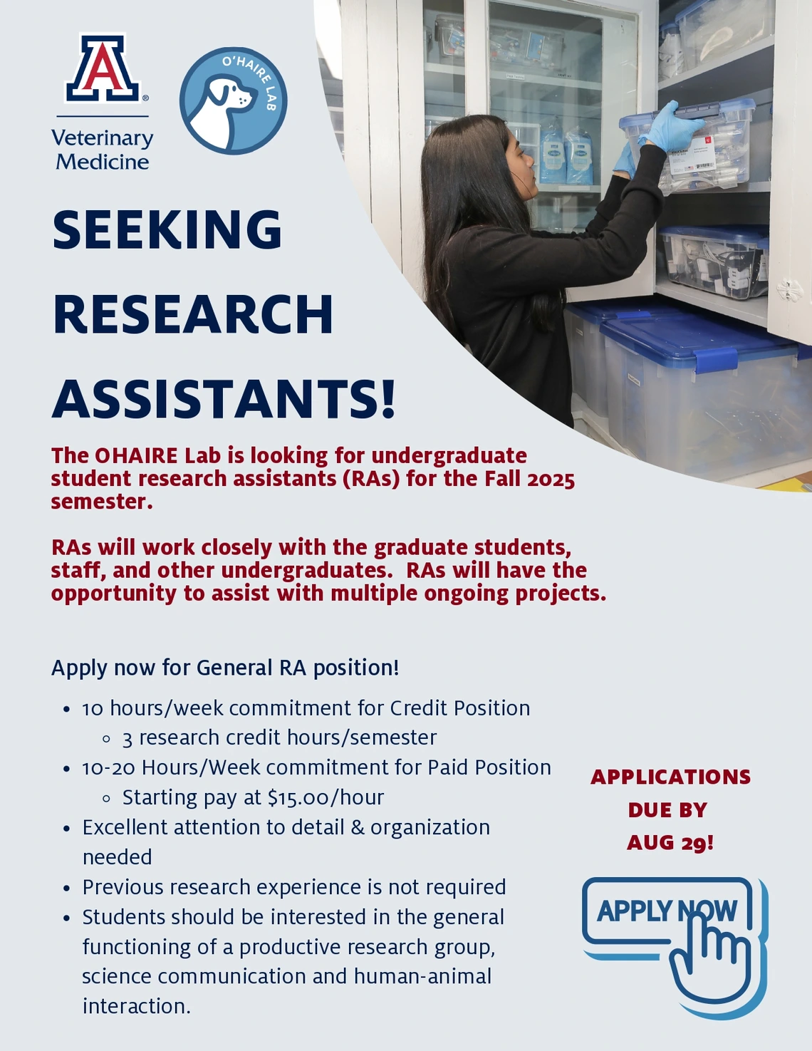 SEEKING RESEARCH ASSISTANTS! The OHAIRE Lab is looking for undergraduate student research assistants (RAs) for the Fall 2025 semester. RAs will work closely with the graduate students, staff, and other undergraduates. RAs will have the opportunity to assist with multiple ongoing projects.