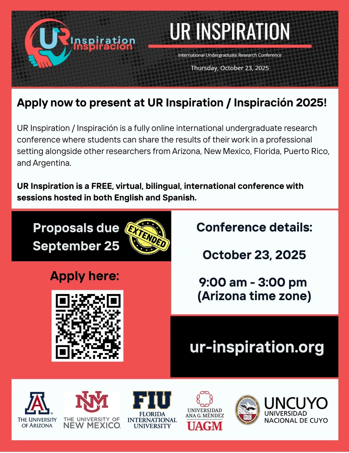 Extended deadline for UR Inspiration / Inspiration, a free, online, bilingual undergraduate research conference. Abstracts now due September 25. Follow link for full details.  