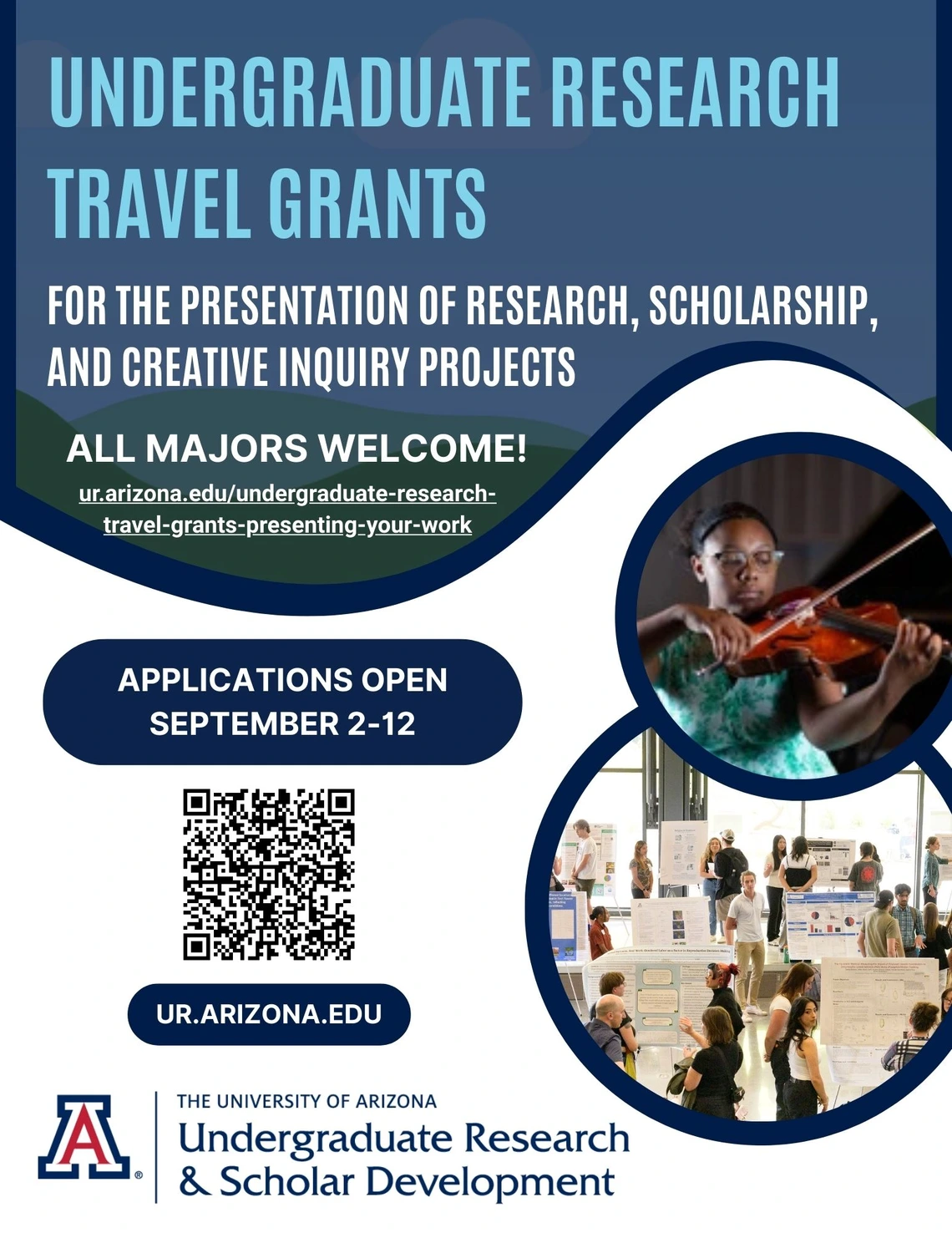 Undergraduate Research Travel Grants are announced in this flyer. Due date, September 12, 2025. Visit https://ur.arizona.edu/undergraduate-research-travel-grants-presenting-your-work for full details and a link to apply.