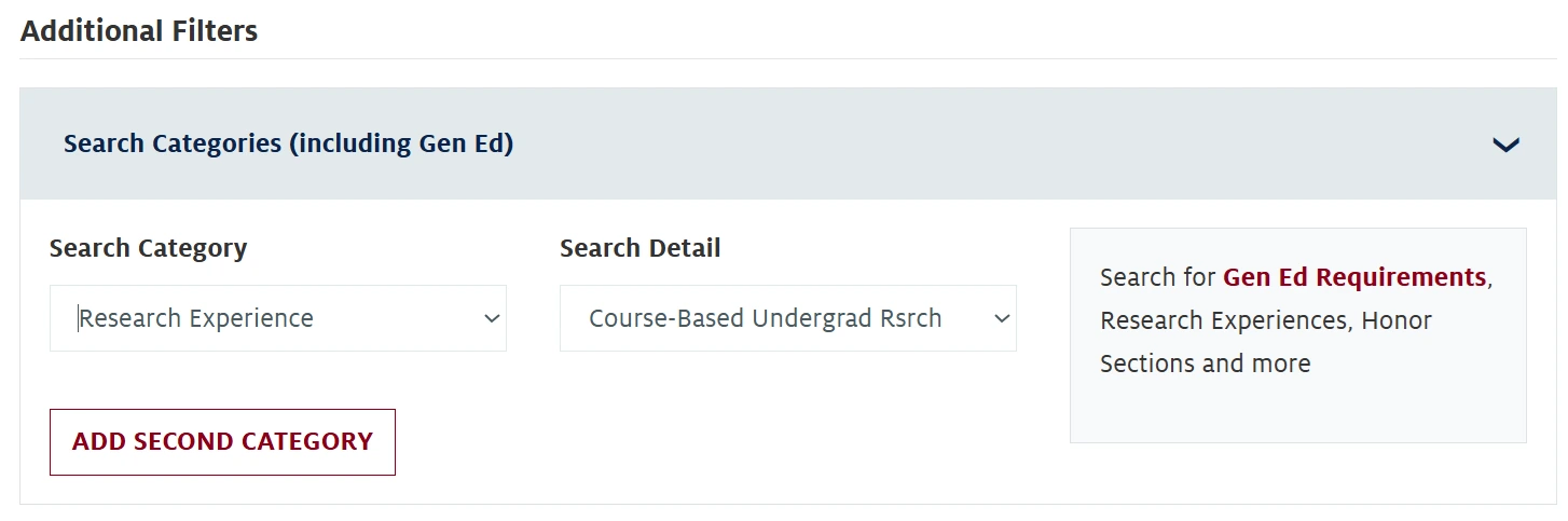 Screenshot of UA Course Search showing filters for CURE search.