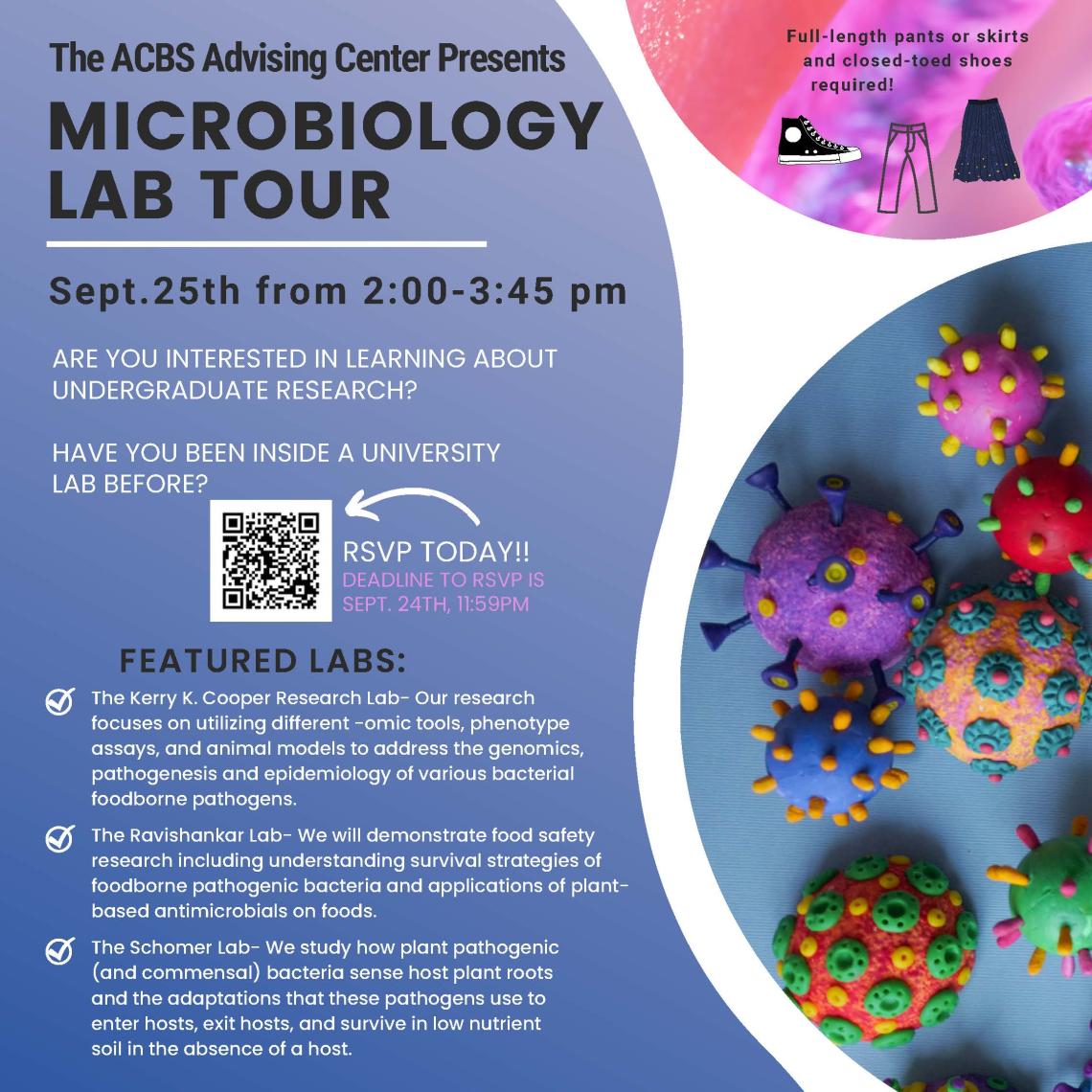 Flyer showing artistic images of bacteria and describing details about the Microbiology Lab Tour