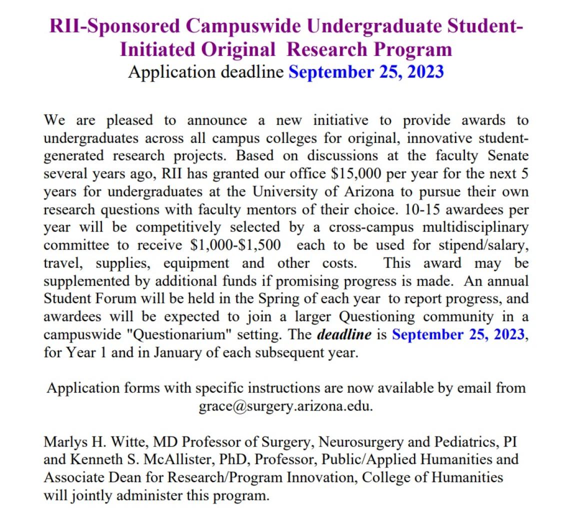 Flyer showing a block of text, which explains details of application for the 2023 Undergraduate Student-Initiated Original Research Program