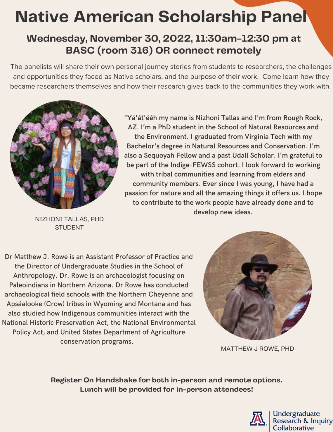 An announcement for a Native American Scholarship Panel featuring Dr. Matthew Rowe and PhD student Nihzoni Tallas, November 30 from 11:30 am to 12:30 pm